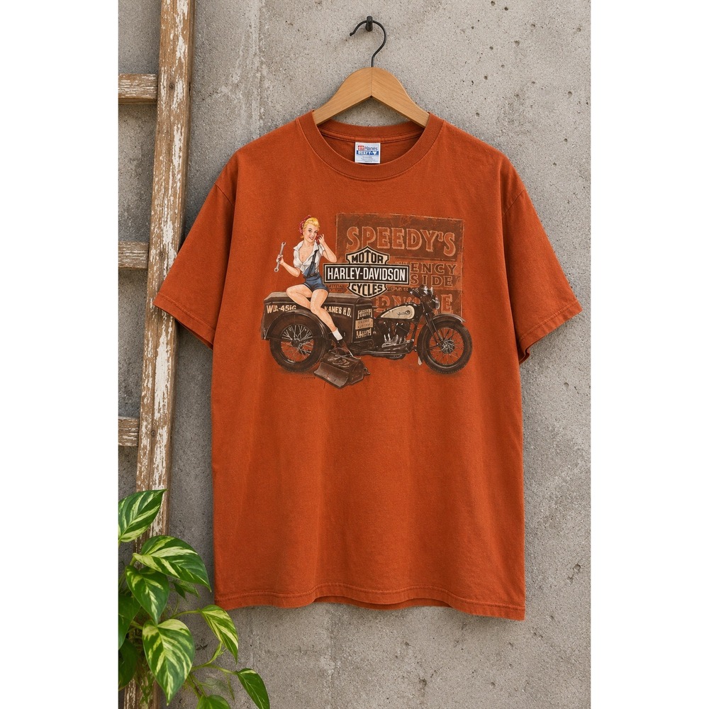 Harley Davidson 2014 Speedy's Pinup T-Shirt Burnt Orange Kane\'s L Bikercore Y2K